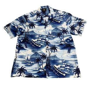 Royal Creations Hawaiian Shirt XL Blue Palm Trees Sailing Tiki Made‎ in Hawaii